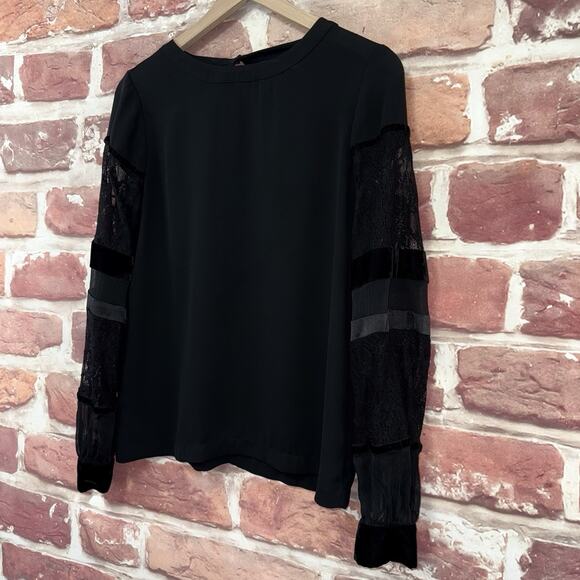 Ann Taylor Loft Top Womens XS Black Velvet Velour Mixed Media Sheer Lace Sleeves - Picture 3 of 8
